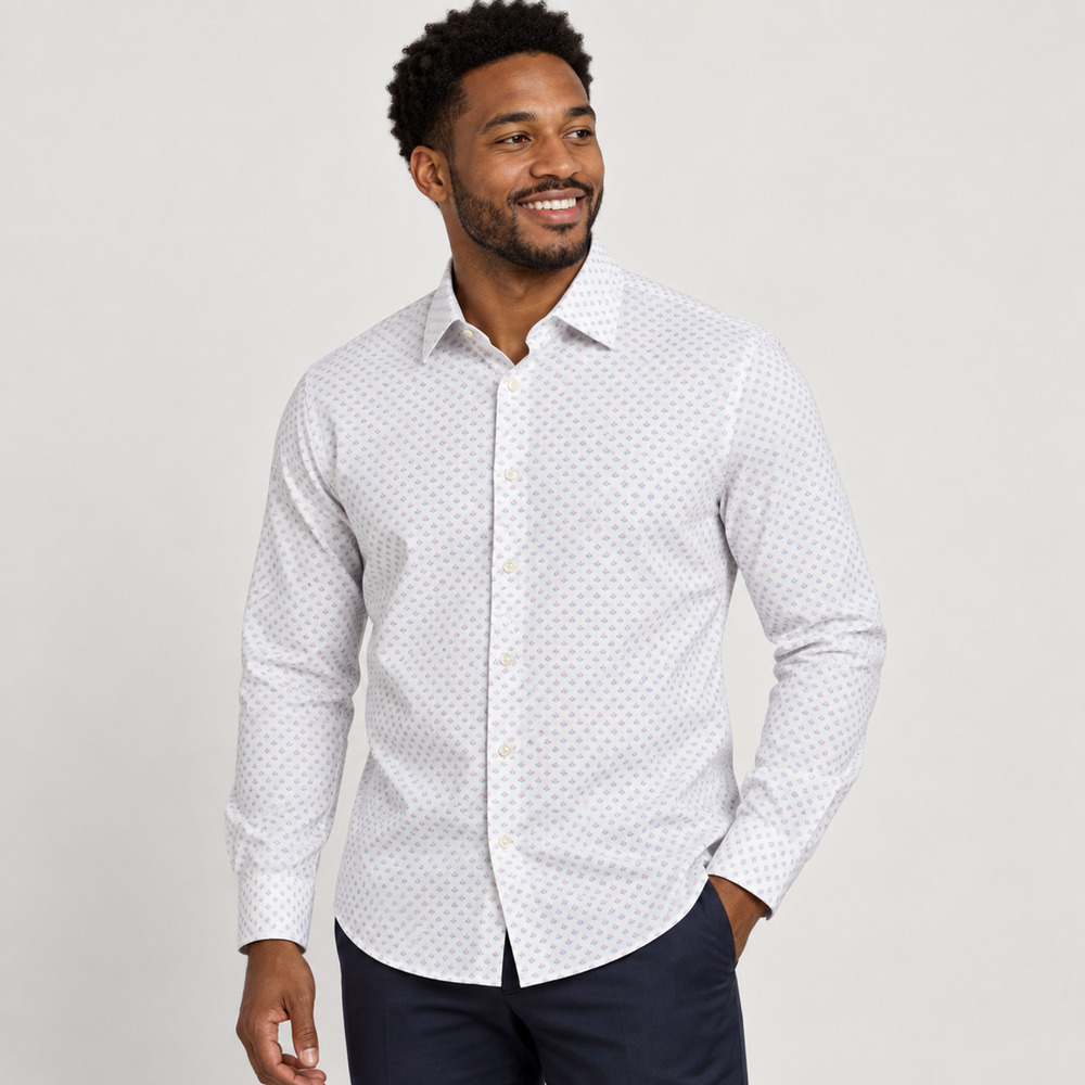 Nordstrom Rack Men’s 17 34/35 White Blue Pink Geometric Long Sleeve Dress Shirt